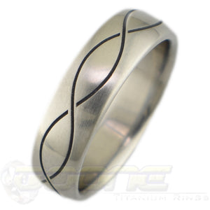 infinity design laser engraved into brushed titanium ring