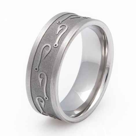 a fish hook ring - Titanium 7mm Flat Band The Hooked Fishing Hook Engraved