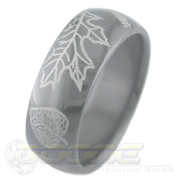 leaves design laser engraved on black zirconium ring with white on black motif known as tuxedo