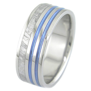 flat profile titanium ring with offset meteorite on one side and twin blue stripes on opposite side