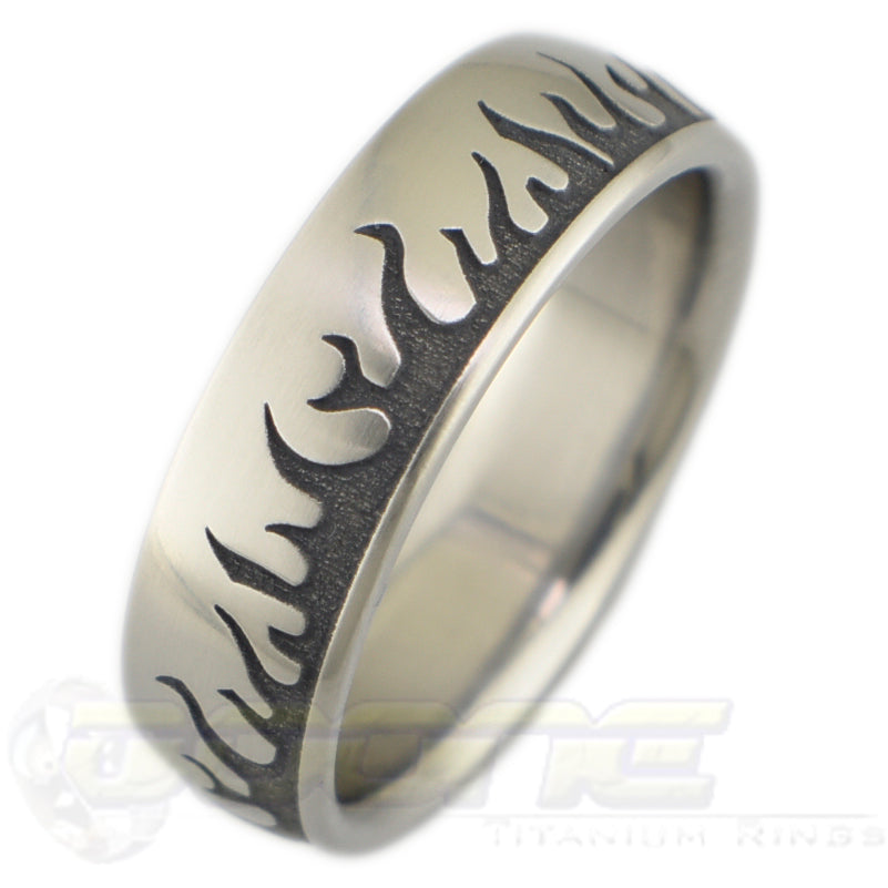 flames design laser engraved into titanium ring