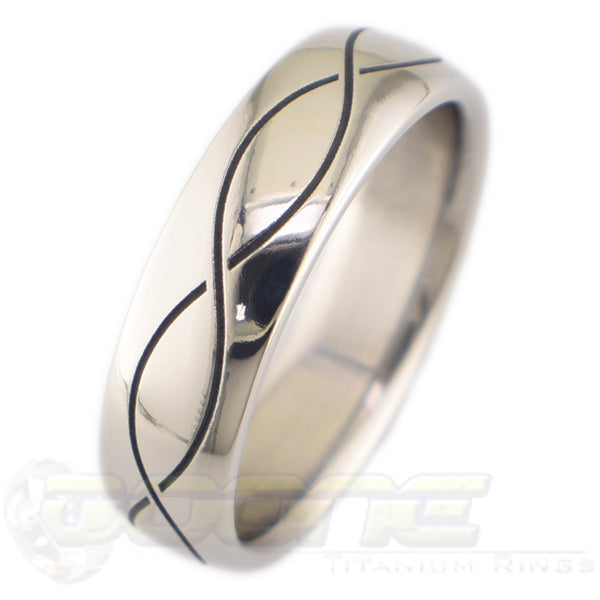 infinity design laser engraved into polished titanium ring