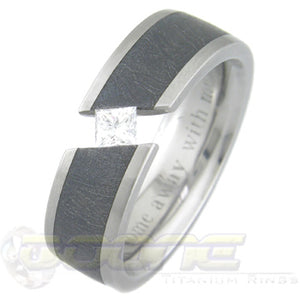 titanium ring with princess cut stone and black meteorite inlay 