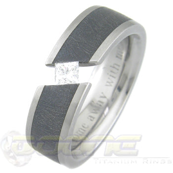 titanium ring with princess cut stone and black meteorite inlay 