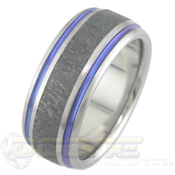 titanium ring with black meteorite inlay and blue twin color stripe