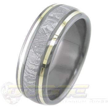 dome profile black zirconium ring with meteorite inlay and twin gold inlays on outer edges