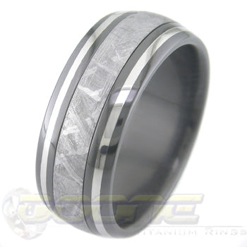 dome profile black zirconium ring with meteorite inlay and twin platinum inlays on outer edges