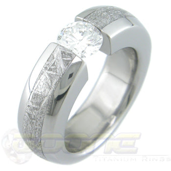 dome profile titanium eccentric tension set ring with meteorite inlay