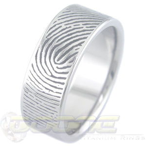 custom fingerprint design laser cut into titanium ring