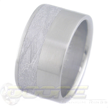 flat profile titanium ring with offset meteorite inlay