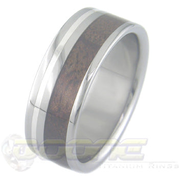 flat profile titanium ring with wide wood inlay and thin silver inlay