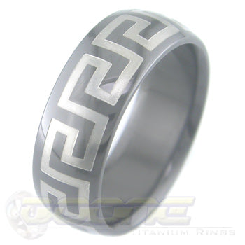 greek key design laser engraved on black zirconium ring with white on black motif known as tuxedo