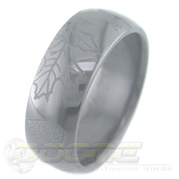 leaves design laser engraved on black zirconium ring with black on black motif known as stealth