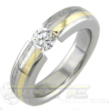 titanium classic round tension set ring with meteorite and gold inlays