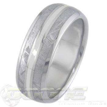 dome profile titanium ring with twin meteorite inlays on outer edges and platinum inlay in center