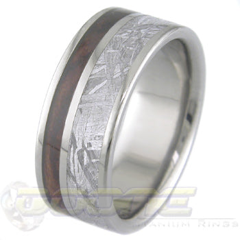 flat profile titanium ring with wide meteorite inlay and thin wood inlay