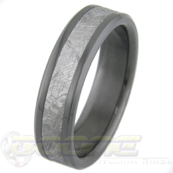 flat profile black zirconium ring with meteorite inlay and bevels