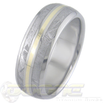 dome profile titanium ring with dual outer meteorite inlays and center gold inlay 
