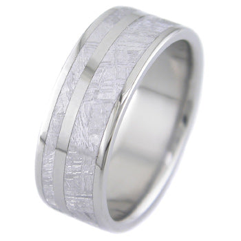 flat profile titanium ring with dual width meteorite inlays