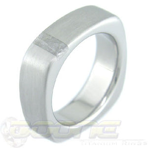 square shaped titanium ring with a small perpendicular meteorite inlay