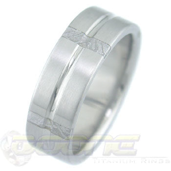 titanium ring with 5 perpendicular meteorite inlays around the circumference of the ring
