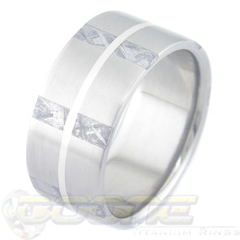 titanium ring with 7 stripes of meteorite around the circumference of the ring