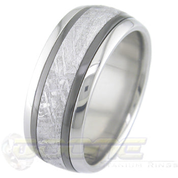 titanium or cobalt chrome ring with twin inlays of black zirconium and a center inlay of meteorite 