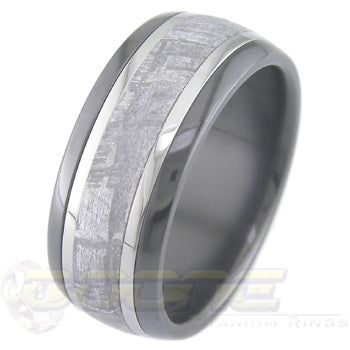 black zirconium ring with twin inlays of titanium and a meteorite inlay in center