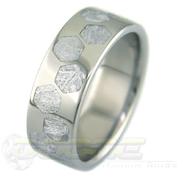 flat profile titanium ring with hex meteorite inlays
