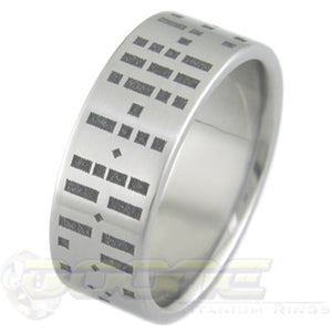 morse code design laser engraved into titanium ring