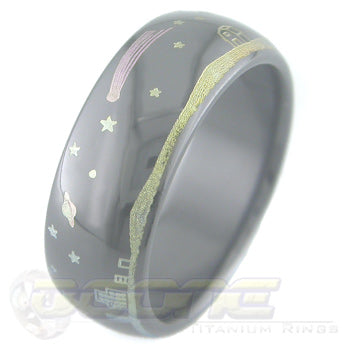 nightscape design laser engraved on black zirconium ring with varied color fades known as chroma