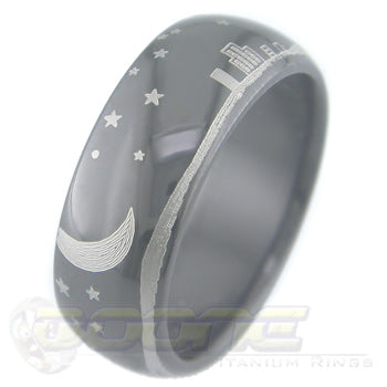nightscape design laser engraved on black zirconium ring with white on black motif known as tuxedo