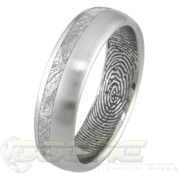 titanium ring with offset meteorite inlay and a custom fingerprint on inside of ring
