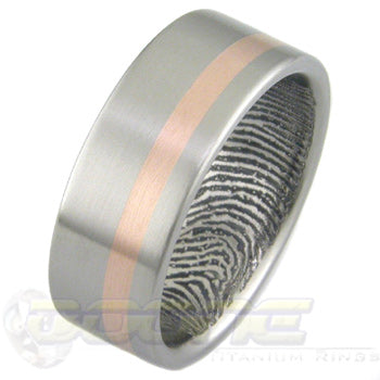 offset rose gold inlay in titanium ring with laser engraved fingerprint on the inside of ring