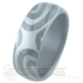 torque design laser engraved on black zirconium ring with white on black motif known as tuxedo