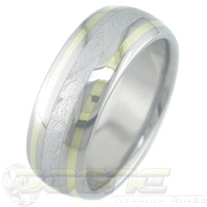 titanium ring with center inlay of meteorite and gold inlay on each side of meteorite